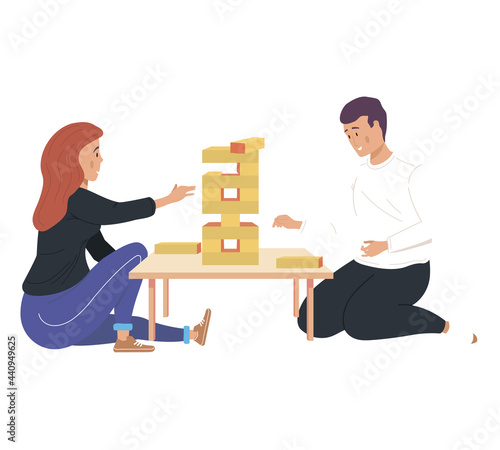 Couple playing jenga at home. Cozy atmosphere with board game and family. Cartoon characters playing with logic game on weekend. People making wooden tower from bricks. Blocks stacked in high tower