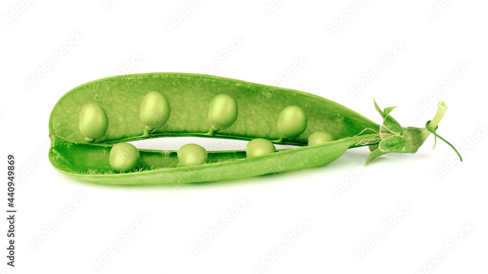 pod of green peas isolated on white background. open pod and small peas. pod of green peas isolated on white background. open pod and small peas.