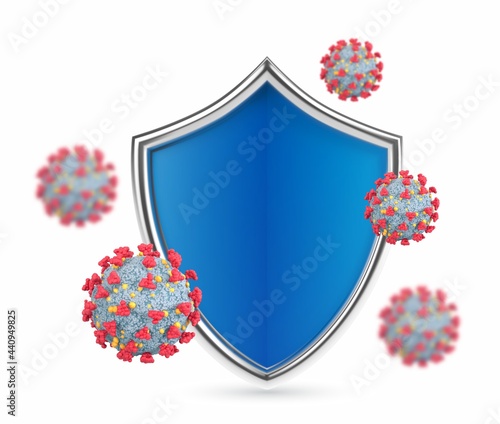 Virus protection. Shield and virus cells. Protect from virus. Microbiology and medicine. Antibiotic, vaccination against coronavirus. Coronavirus Covid-19 safety concept. Realistic vector illustration