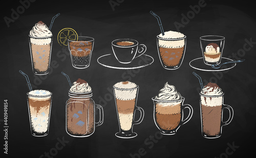 Coffee drinks on chalkboard background