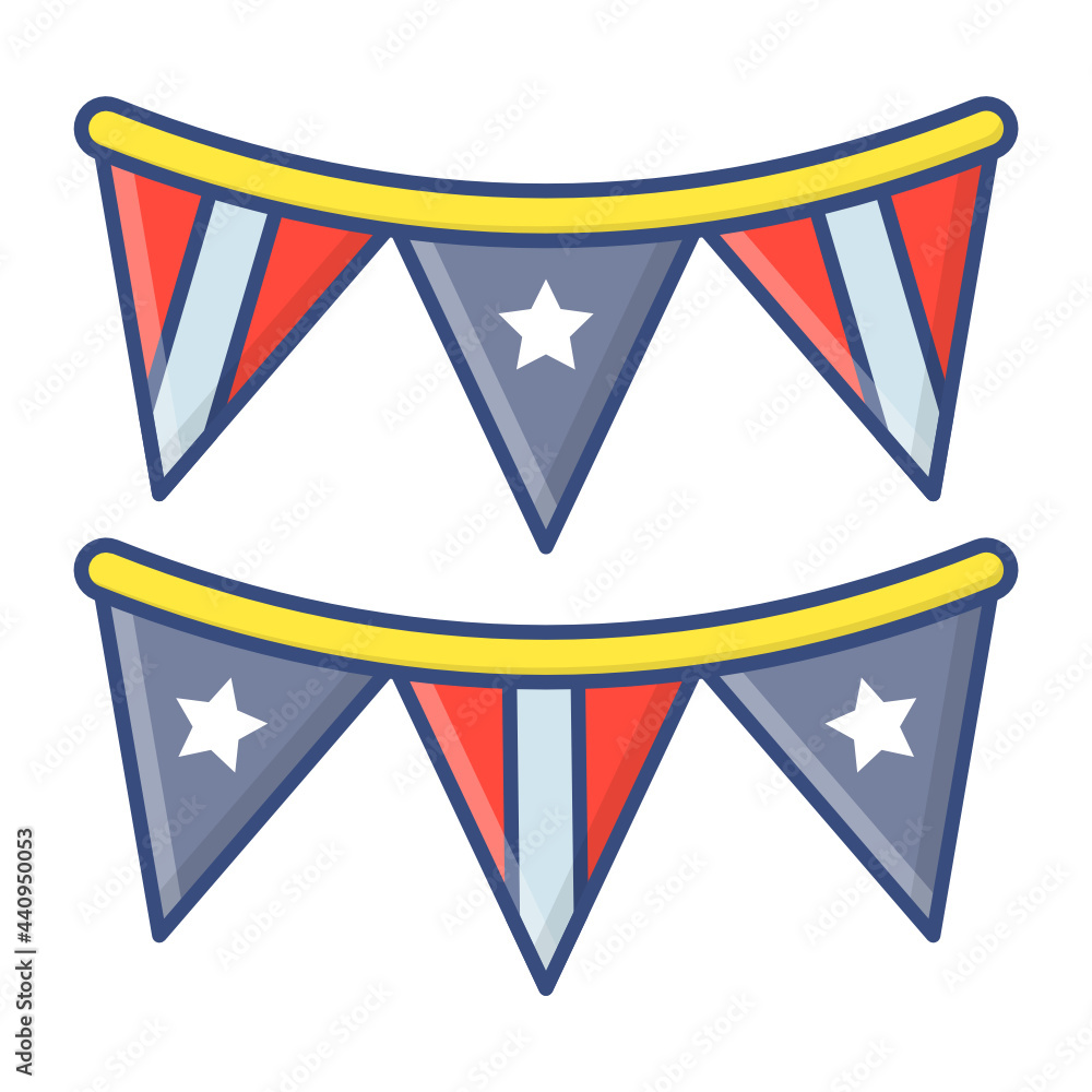 American Flag theme bunting Concept, Triangle Flag with strings printed Stars Vector Icon Design, US Independence Day Symbol, USA federal holiday Sign, Memorial or Patriot Day Stock illustration American Flag theme bunting Concept, Triangle Flag with strings printed Stars Vector Icon Design, US Independence Day Symbol, USA federal holiday Sign, Memorial or Patriot Day Stock illustration