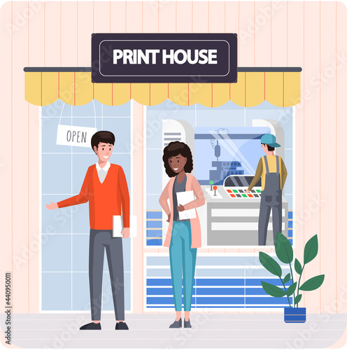 People are standing on background of print house, typography. Characters near office of polygraphy production service. Employee in printshop works with industrial printer computer control panel