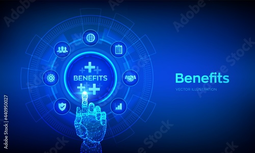 Employee benefits help to get the best human resources concept on virtual screen. Business for Profit, Benefit, health insurance. Robotic hand touching digital interface. Vector illustration. © iuriimotov
