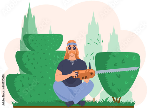 Man holding power saw and sitting in yoga pose on grass. Person cuts bushes in garden. Guy works on land for agriculture. Character with long hair wearing sunglasses and headband and hippie badge