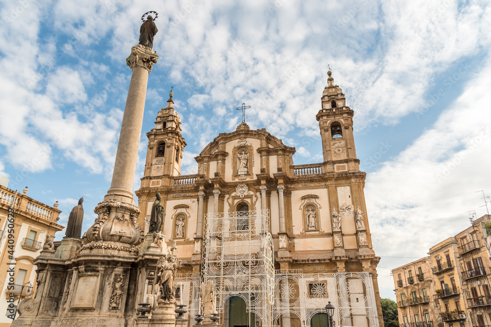The facade of the church of Saint Dominic and column of the Immaculate Conception in historic center of Palermo, Sicily, Italy
