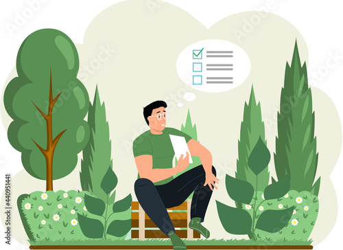 Gardener landscape designer man sitting in garden with trees holding plan in hands cartoon character. Creative professional floral architecture planning lawn flowerbed exterior, landscaping project