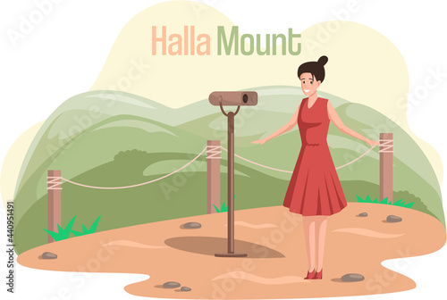 Hallasan mountain famous landmark of Jeju Island in south Korea. Extinct volcano in national park. Mountain is located in center of island and female traveler stands next to binoculars at showplace