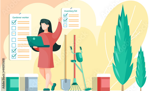 Gardener landscape designer woman standing in garden with trees holding laptop with inventory list. Creative professional floral architecture planning lawn flowerbed exterior, landscaping project