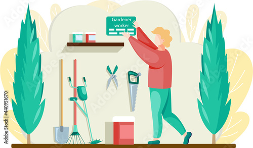 Gardener worker character in flat design standing in garage with tools. Young adult man in shed with shovel, rake, pruner, saw, trimmer ready to work in garden. Gardening, planting flowers and plants