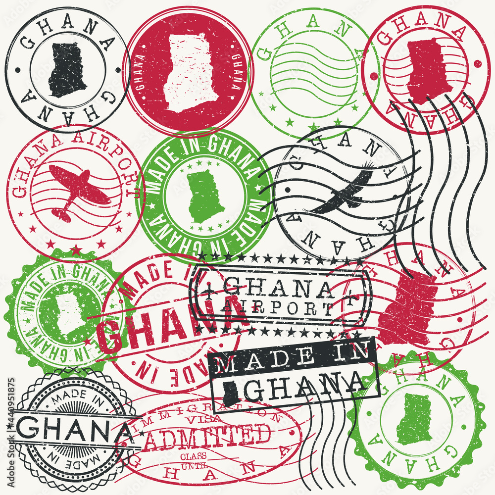 Ghana Set of Stamps. Travel Passport Stamps. Made In Product Design Seals in Old Style Insignia. Icon Clip Art Vector Collection.
