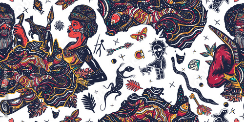 Australia pattern. Ethnic Australian woman in traditional costume. Aboriginal tribes bushmen. Boomerang, rock painting, kangaroo, didgeridoo, map. Old school tattoo seamless background