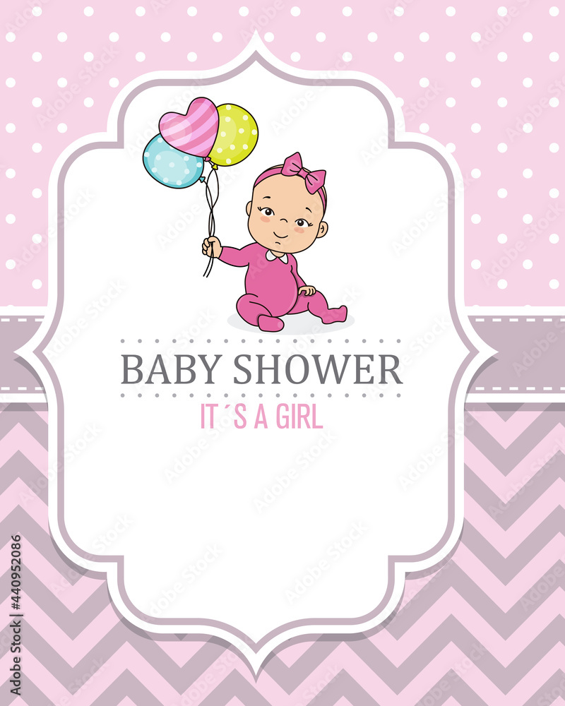  Baby shower card. Girl sitting with balloons in hand