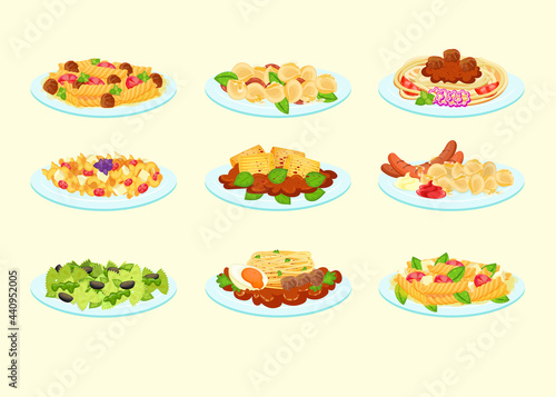 Various pastas served on plates vector illustration set. Cartoon lasagna, tagliatelle bolognese, noodles with meatballs and cheese sauce. Food, macaroni, Italian dish, dinner and meal concept