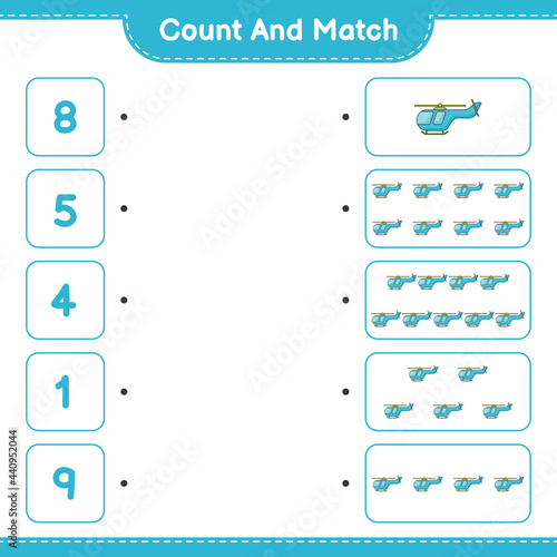 Count and match, count the number of Helicopter and match with the right numbers. Educational children game, printable worksheet, vector illustration