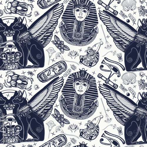 Egyptian art. Tutankhamen. Seamless pattern. Ancient Egypt. Golden king pharaoh, two winged black cats, sacred eye of god Horus
