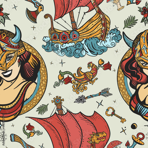 Vikings. Valhalla art. Medieval barbarian, long boat, woman warrior. Northern history. Seamless pattern. Traditional tattooing style. Scandinavian culture