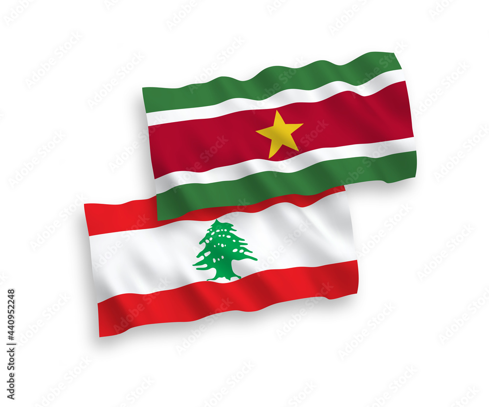 National vector fabric wave flags of Republic of Suriname and Lebanon isolated on white background. 1 to 2 proportion. National vector fabric wave flags of Republic of Suriname and Lebanon isolated on white background. 1 to 2 proportion.