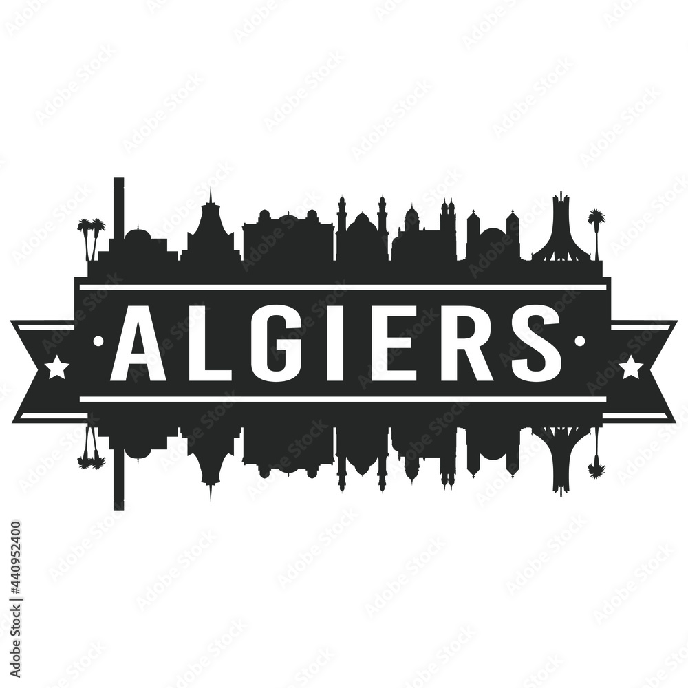 Algiers Algeria Skyline. Banner Vector Design Silhouette Art. Cityscape Travel Monuments.