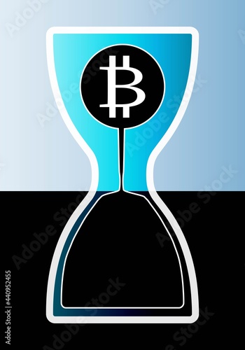 El final del bitcoin. Icono de moneda de bitcoin dentro de un reloj de arena cuyo tiempo se está terminando