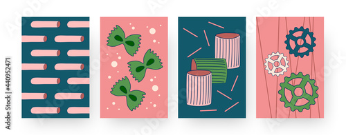 Set of contemporary art posters with pasta types. Vector illustration. .Collection of abstract Italian noodles and macaroni in flat colorful design. Food, restaurant, menu, Italia, cuisine concept