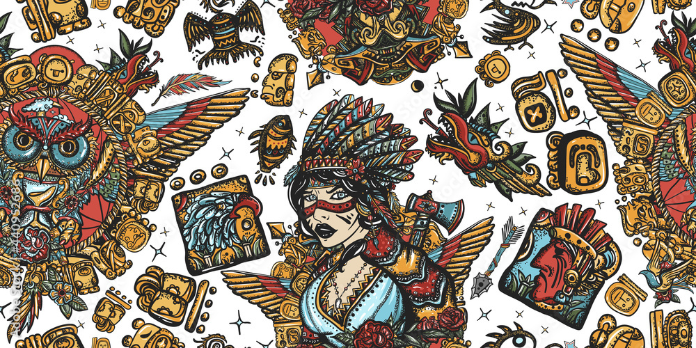 Native American Indian. Old school tattoo style. Ethnic warrior girl