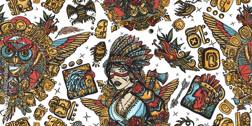 Native American Indian. Old school tattoo style. Ethnic warrior girl, shamanic female, dream catcher, owl and old cherokee shaman. Seamless pattern. Tribal culture and history