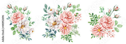 Set watercolor flowers hand painting, floral vintage bouquets with pink and white roses. Decoration for poster, greeting card, birthday, wedding design. Isolated on white background. © Larisa