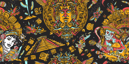 Wallpaper Mural Skeleton with guitar and mexican woman. Seamless pattern. Mexico. Ancient mayan pyramids, and totem. National culture and people. Old school tattoo vector background Torontodigital.ca