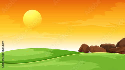 Blank meadow landscape scene at sunset time