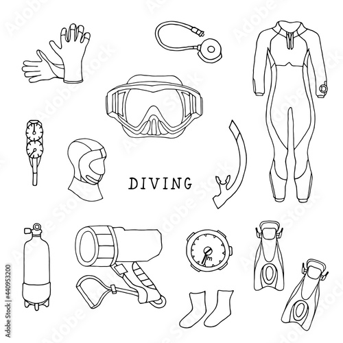Diving equipment set on a white background. Outline vector drawing.