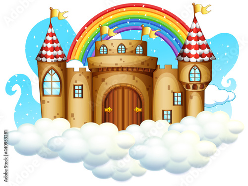 Castle with rainbow on the cloud isolated on white background