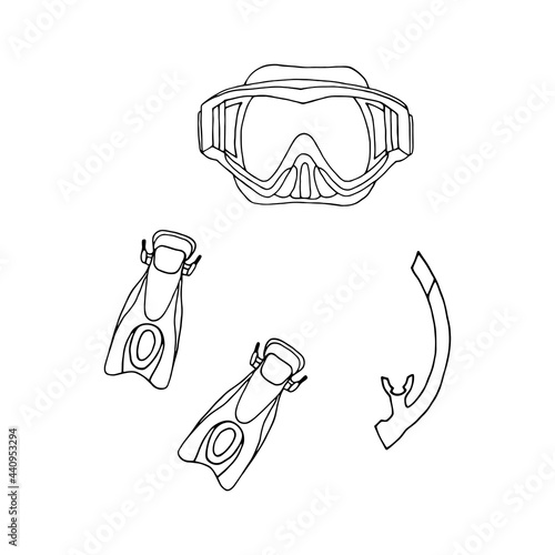Vector illustration with fins and diving mask on a white background. Outline drawing.