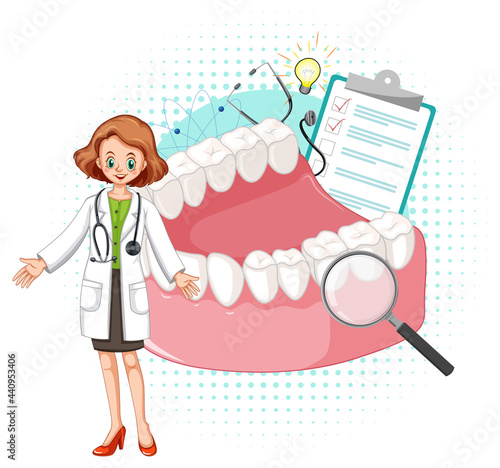 Doctor and teeth model on white background