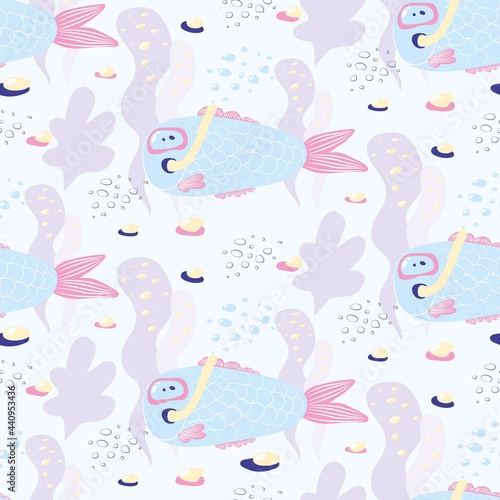 Funny cartoon fish in underwater mask among algae and stones. Seamless vector pattern with cartoon blue fish underwater. For children s textiles  wallpaper or wrapping paper.