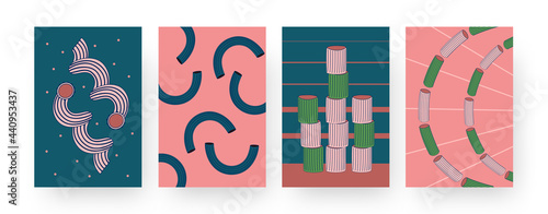 Set of contemporary art posters with different pasta patterns. Vector illustration. .Collection of abstract Italian noodles and macaroni in flat colorful design. Food, restaurant, menu, cuisine