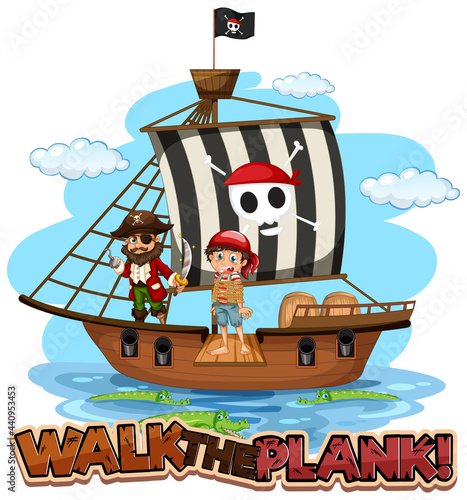 Walk The Plank font banner with pirate cartoon character