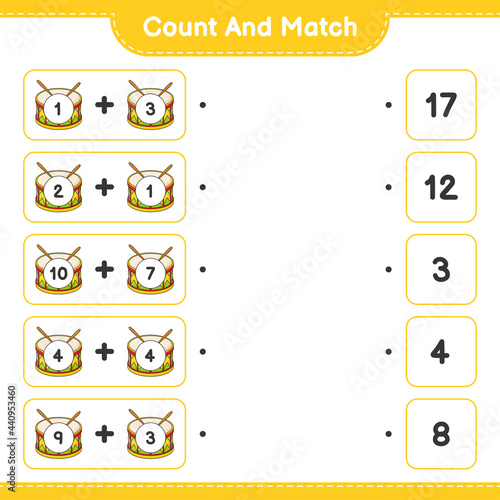 Count and match, count the number of Drum and match with the right numbers. Educational children game, printable worksheet, vector illustration