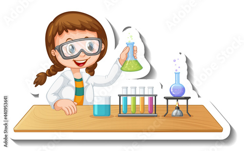 Sticker template with cartoon character of a student doing chemical experiment