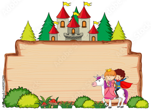 Blank wooden banner with fantasy cartoon character isolated