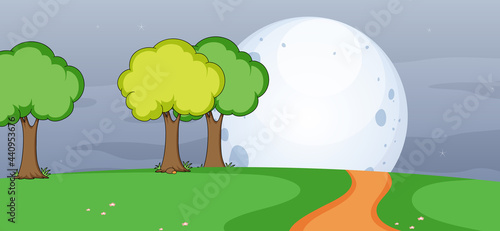 Empty park scene at night with the big moon in simple style