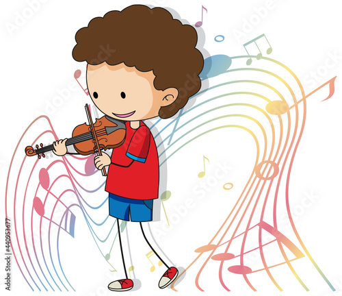 Cartoon doodle a boy playing violin with melody symbols on white background