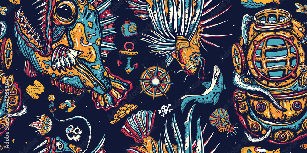 Underwater world seamless pattern. Life of ocean background. Old school ...