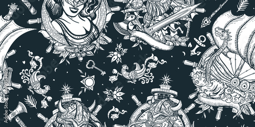 Vikings. Northern history. Seamless pattern. Traditional tattooing style. Scandinavian culture. Valhalla art. Medieval barbarian, long boat, woman warrior