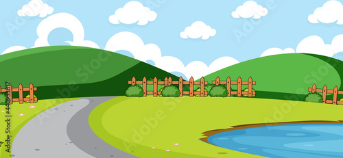 Empty park scene with road and pond in simple style