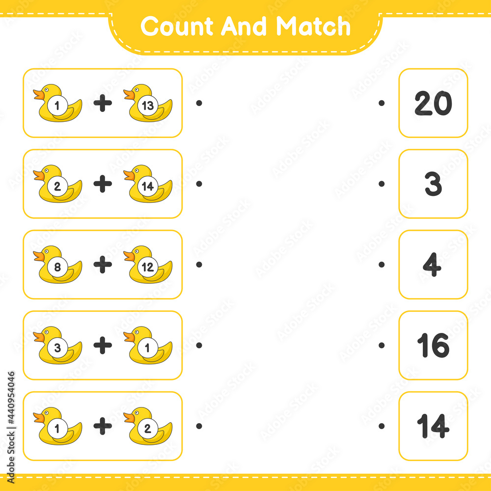 Count and match, count the number of Rubber Duck and match with the right numbers. Educational children game, printable worksheet, vector illustration