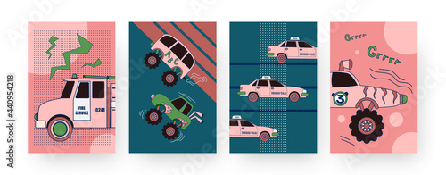 Set of contemporary art posters with automobiles. Vector illustration. .Collection of fire service, taxi and racing cars in flat colorful design. Hobby, auto, race, transport concept for banner design