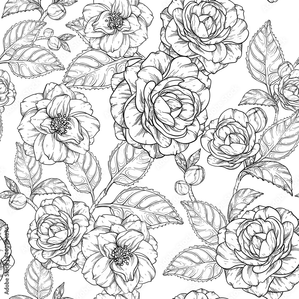 Seamless Pattern With Camellia Flowers Black And White Camellia And Rose Flower Collection Stock ベクター Adobe Stock