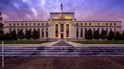 Front of the United States Federal Reserve Bank, the government agency that controls interest rates, at sunset in Washington DC in the Summer. photo