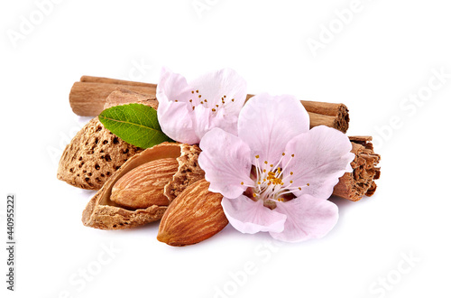 Almonds with cinnamon in closeup isolated on white background. Nuts with spice isolated.