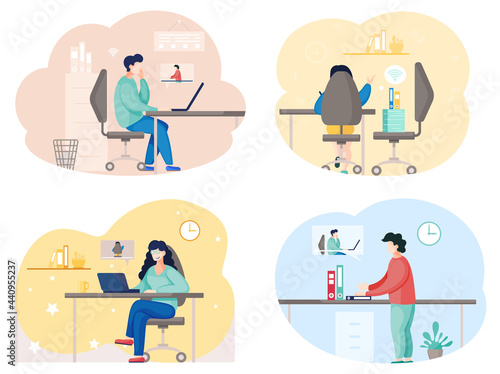 Business partners communicating, using video calling. Men discuss work issues from distance sitting at table with computer and web cam. Team of colleagues or friends holds meeting talking via internet